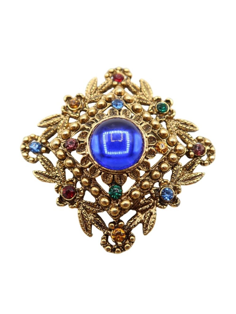 Retro Blue Cabochon Rhinestone & Gold Tone Square Brooch Unsigned